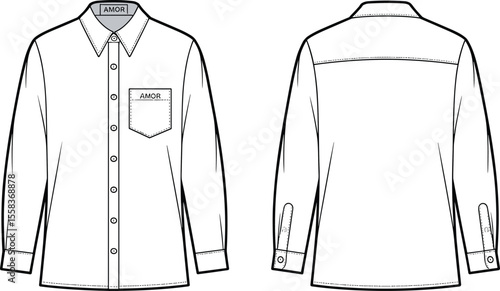 Men's Long Sleeve Button-Up Shirt: Technical fashion flat sketch, front and back views, with brand details, versatile apparel template for formal and casual wear