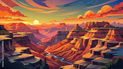 Breathtaking Sunset Over the Majestic Grand Canyon National Park with vibrant orange and pink sky illuminating the vast rugged canyon landscape. Stunning natural scenery perfect for travel