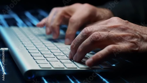 Close-up of a man typing an AI prompt on a sci-fi interface, with a glowing futuristic screen displaying image generation software in action.