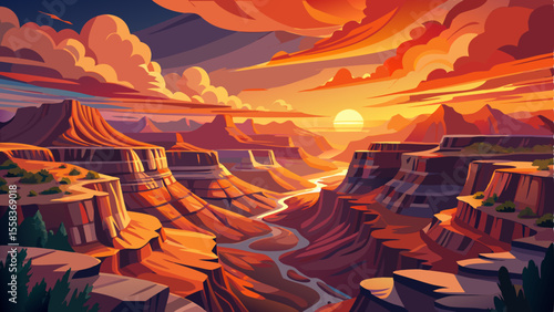 Breathtaking Sunset Over the Majestic Grand Canyon National Park with vibrant orange and pink sky illuminating the vast rugged canyon landscape. Stunning natural scenery perfect for travel