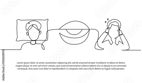 Continuous line design of man sleeps soundly because of headache. Single line decorative element drawn on white.