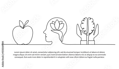 Continuous line design of concern for brain health. Single line decorative element drawn on white.