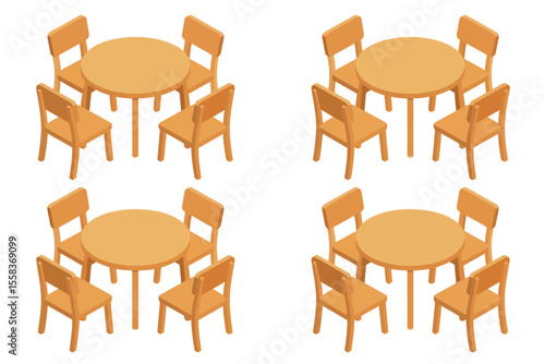 Round Wooden Tables and Chairs in Isometric View
