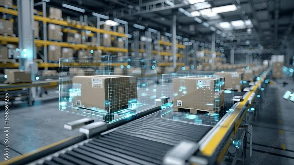 Packages moving on a conveyor belt in a modern warehouse environment Packages moving on a conveyor belt in a modern warehouse environment