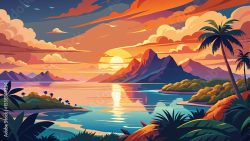 Vivid sunset colors paint the sky over the tranquil South Pacific Ocean, with soft clouds drifting along the horizon. The serene lagoon of Moorea reflects the warm light