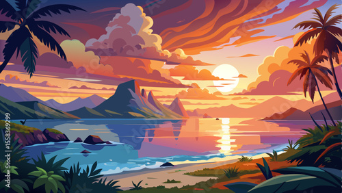 Vivid sunset colors paint the sky over the tranquil South Pacific Ocean, with soft clouds drifting along the horizon. The serene lagoon of Moorea reflects the warm light