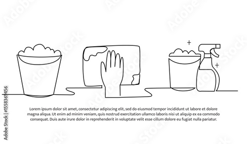 Continuous line design of a bucket filled with foam for cleaning. Single line decorative element drawn on white.