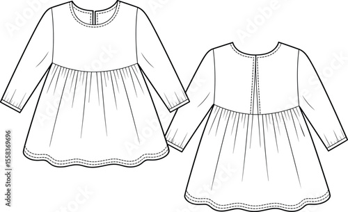 Toddler Girl's Dress: Technical fashion flat sketch, front and back views, long sleeves, gathered bodice, children's apparel design, basic clothing template
