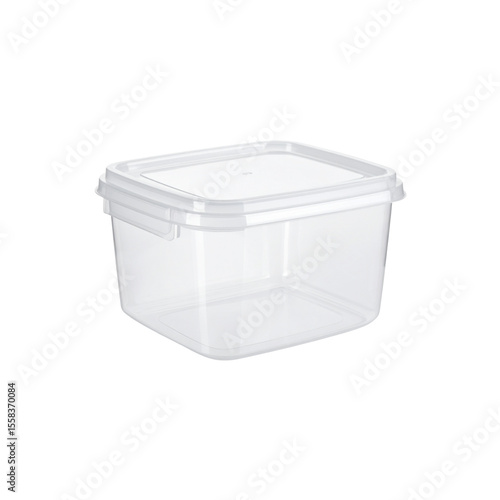 Empty, transparent plastic food storage container with a white lid