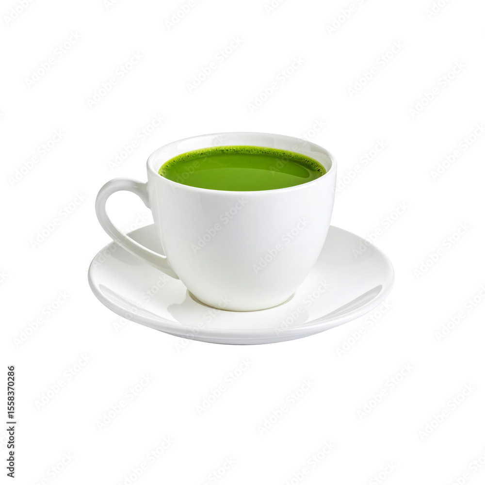 Fototapeta premium Warm white ceramic mug with matcha on saucer, perfect for breakfast or relaxing in the morning.