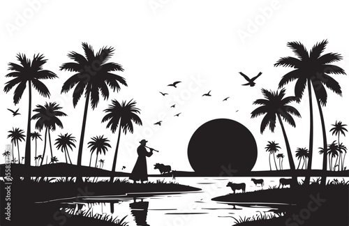 Tropical Sunset Silhouette with Palm Trees and Cow Herd