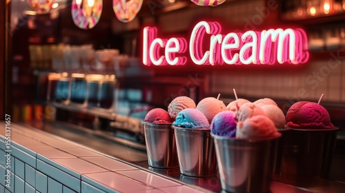 Delicious assorted ice cream in metal cups with a neon sign