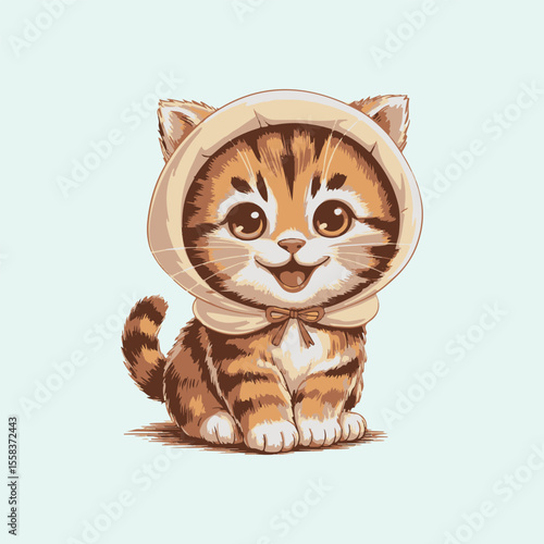 a charming cartoon illustration of a tabby kitten with large, expressive eyes, wearing a light-colored, soft hood or bonnet tied under its chin. The kitten is depicted sitting, with a happy, open-mout