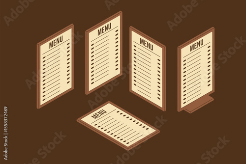 Various Restaurant Menus Displayed Isometrically