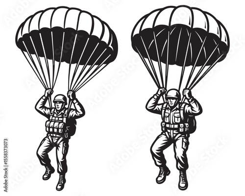 military Paratroopers Jumping with Parachute