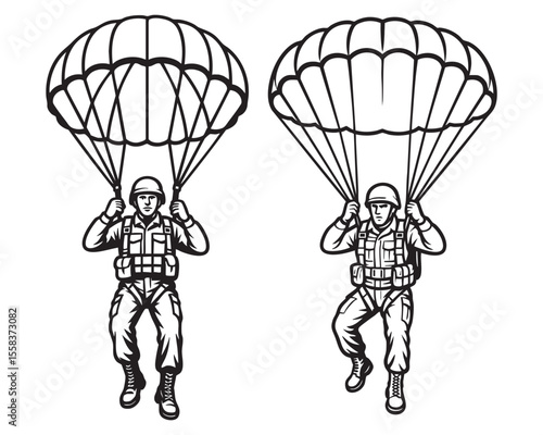 military Paratroopers Jumping with Parachute