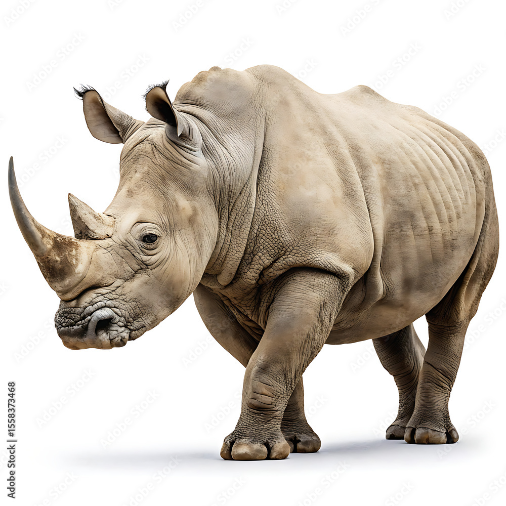 Fototapeta premium A rhinoceros is posing in a straightforward manner, isolated on a white background.