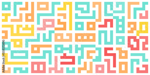 Abstract maze pattern with colorful geometric blocks. Playful, modern, and vibrant design perfect for backgrounds, textiles, or digital decoration.