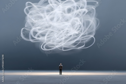 Alone man stands under a massive glowing scribble cloud in the sky, visualizing mental confusion, chaos, or creative storm. Surreal digital art representing emotional overwhelm.
