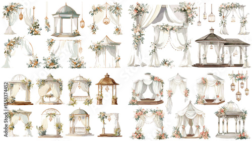 Elegant watercolor wedding arch and gazebo clipart set with floral drapes, lanterns, and vintage wood, ideal for ceremony planning, invites, or event branding.

