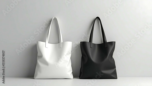 Minimalist White and Black Tote Bag Mockups Displayed on Neutral Grey Background