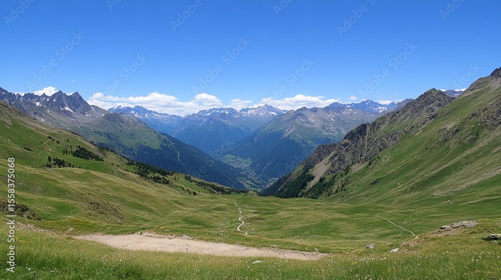 Naklejka premium Panoramic view of a serene mountain valley, showcasing lush green slopes, winding paths, and a clear blue sky. Distant snow-capped peaks add to the breathtaking vista