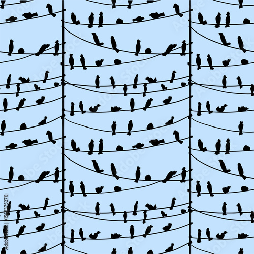 Silhouette of Birds Perched on Power Lines in a Modular Pattern