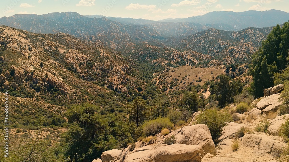 Obraz premium Panoramic view of a sun-drenched mountain valley, featuring rugged terrain, sparse vegetation, and distant hazy peaks
