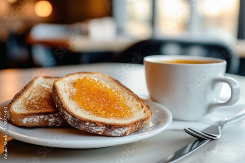 Freshly Toasted Bread Slices with Vibrant Fruit Jam on a Plate Next to a Warm Cup of Tea in a Cozy Café Setting