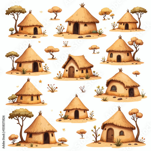 Varied African Huts with Thatched Roofs and Sparse Vegetation Pattern.