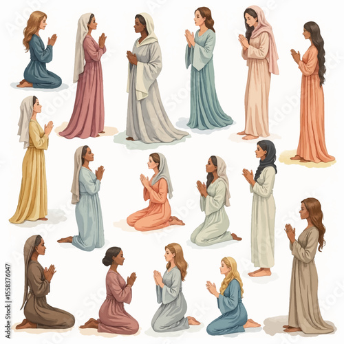 Diverse group of women in prayer wearing robes and head coverings.