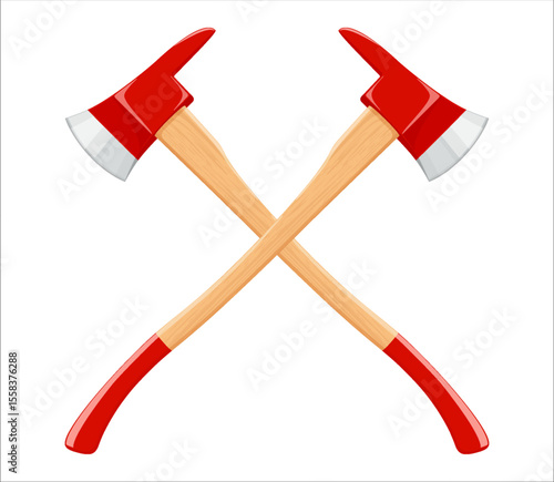 Crossed firefighter axes isolated on white background. Realistic 3d vector illustration. Red Hatchets. Fire axes firefighter rescue equipment. Metal woodcutter with handle made of wood.