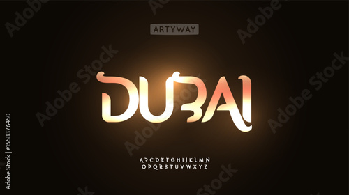 Golden glossy alphabet, glowing luxury font, premium typographic symbols for exotic branding logo, elegant Dubai lettering title design, Arabic fashion headline typographic design. Vector typeset