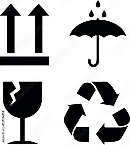 Packaging cargo symbols in form of stamps. Shipping icons for wooden and cardboard boxes