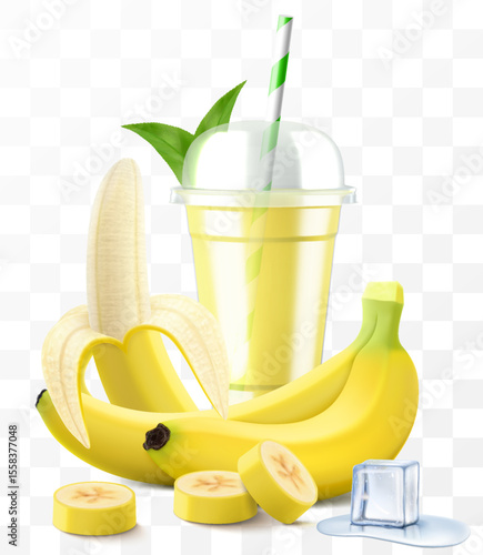 Clear plastic cup with banana juice or smoothie. Fruit cocktail. Cup with sphere dome cap for milkshake, lemonade, cold or hot drink. Mug of fruity organic shake. Realistic 3d vector template