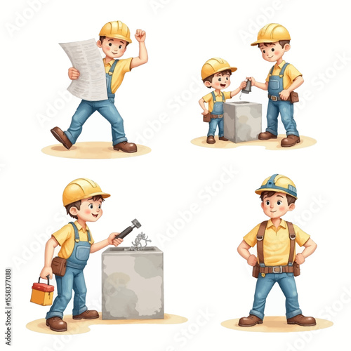 Cheerful Construction Workers in Various Poses Ready for Work.