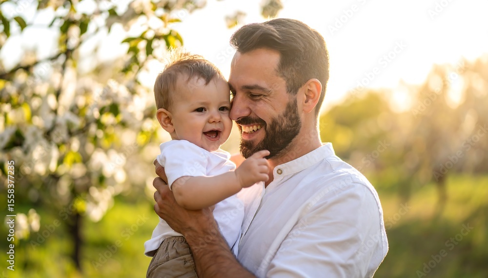 Father and baby in a blossoming garden Father and baby in a blossoming garden