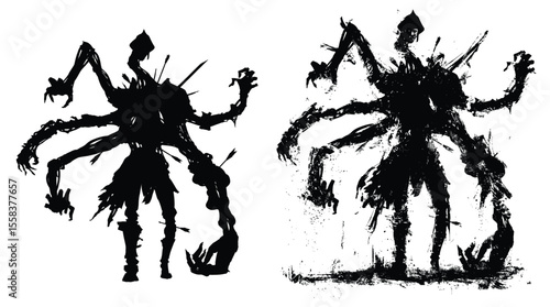 A nasty mutant zombie with lots of arms. He is a former soldier disfigured by magic, wounded by many arrows and spears, and continues to advance into battle without feeling pain. 2d blob art silhouett