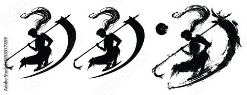 A black silhouette with a graceful ninja girl with a huge scythe squats. She's an oriental fighter with long hair. It is printed in the style of ink with blotches and blotches. 2d sketch art.