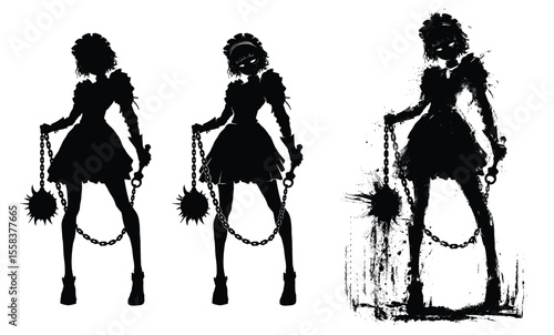 The sinister silhouette of a cute girl with a huge spiked mace on a chain. She is a maid and a bodyguard in a graceful pose ready to rush into battle. 2d sketch in ink with blots