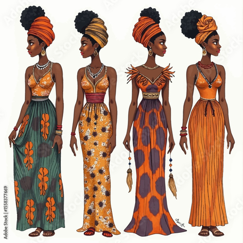 Four African Women in Vibrant Orange and Teal Maxi Dresses.