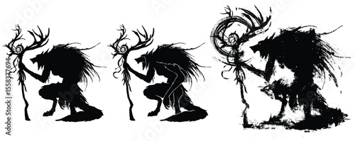 The black silhouette of a werewolf druid, he is a wizard with the body of a wolf, a large staff of deer antlers in a feathered cape on a hunchback. 2d ink art