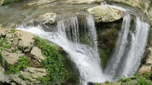 Water streams cascading over boulders surrounded by dense vegetation and trees.