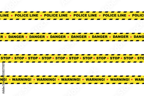 Yellow police tape with danger, stop, and warning signs, emergency situation, restricted access concept icon