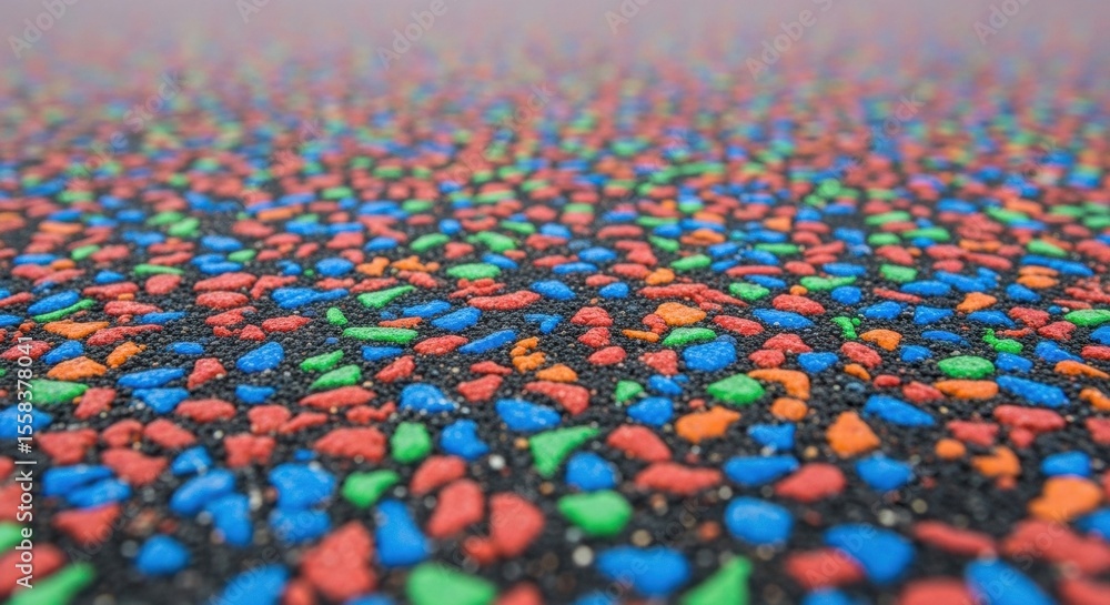 Fototapeta premium Close-up of multicolored granules on rubber playground surface