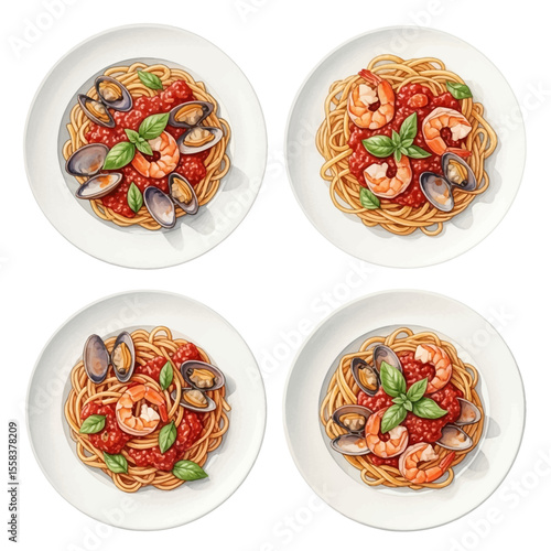 Four plates of spaghetti with tomato sauce shrimp clams and basil garnish.