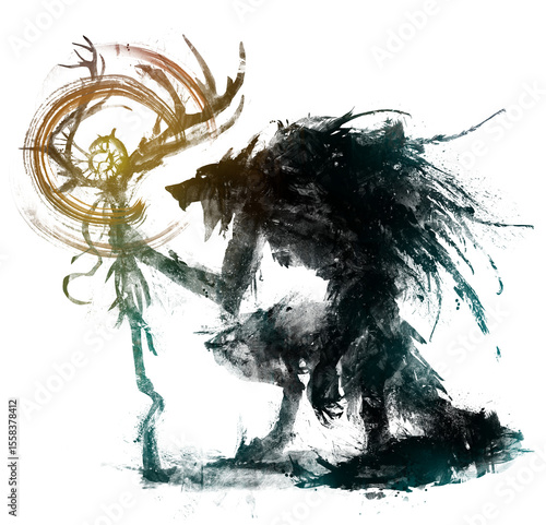 The black silhouette of a werewolf druid, he is a wizard with the body of a wolf, a large staff of deer antlers in a feathered cape on a hunchback. 2d ink art