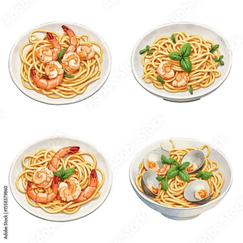Four plates of pasta with shrimp clams and basil watercolor style.
