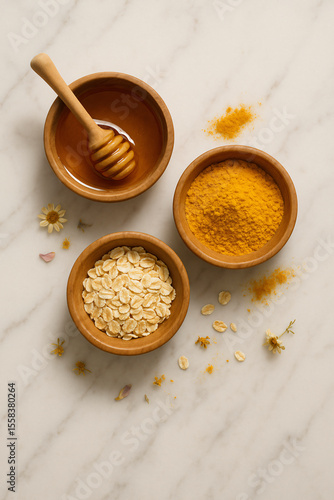 Natural skincare ingredients with honey oats and turmeric