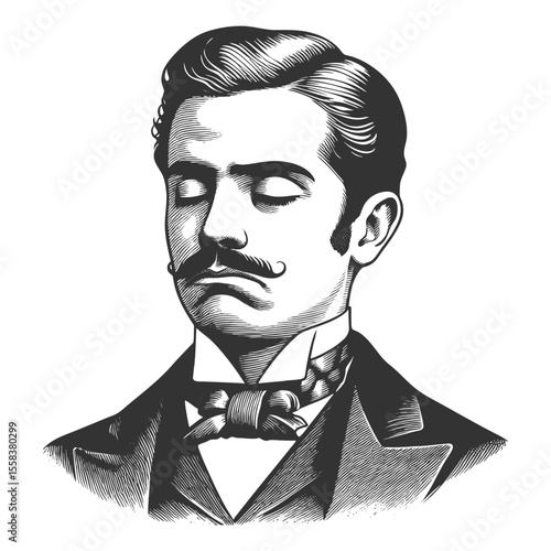 smug gentleman with closed eyes, curled mustache, exuding arrogance and superiority sketch engraving generative ai fictional character vector illustration. Scratch board. Black and white image.